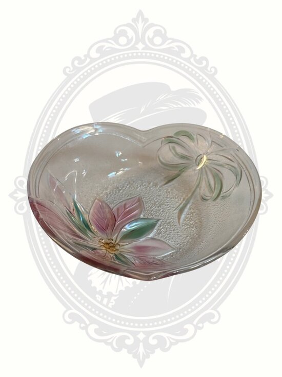 Other - Vintage Floral Heart Glass Trinket Dish Frosted Candy Bowl